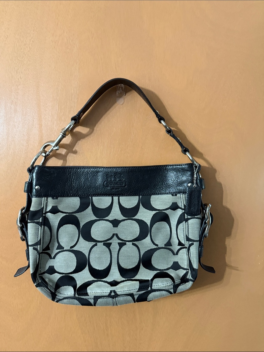 Coach Zoe 12657  Black and Beige Signature Canvas Shoulder Bag